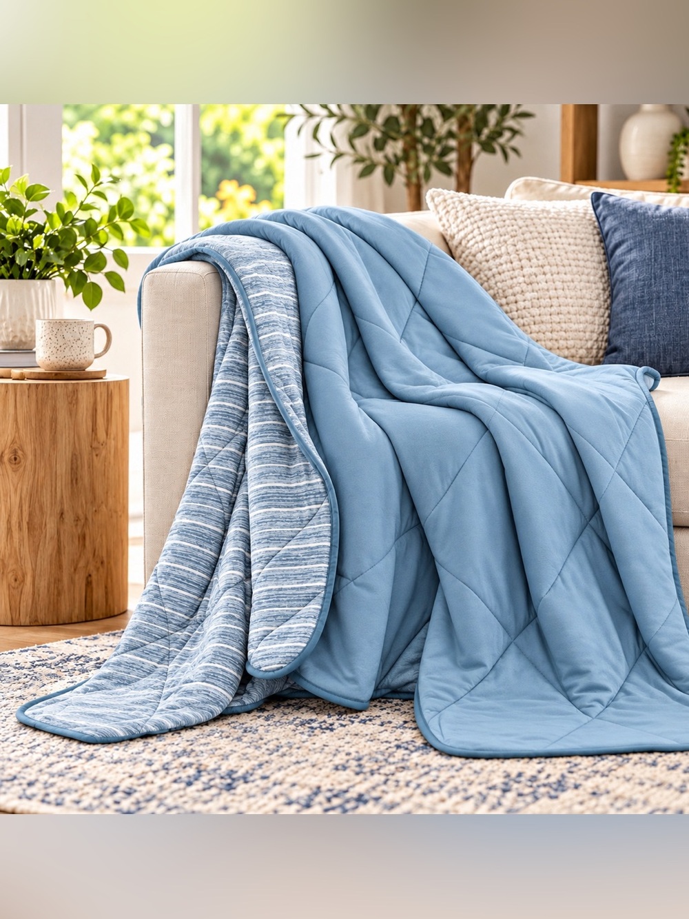 London Fog Light Blue Quilted & Striped Reversible Throw